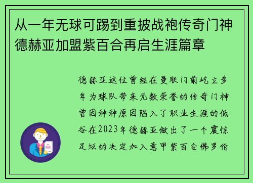 从一年无球可踢到重披战袍传奇门神德赫亚加盟紫百合再启生涯篇章