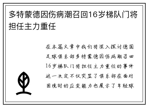 多特蒙德因伤病潮召回16岁梯队门将担任主力重任